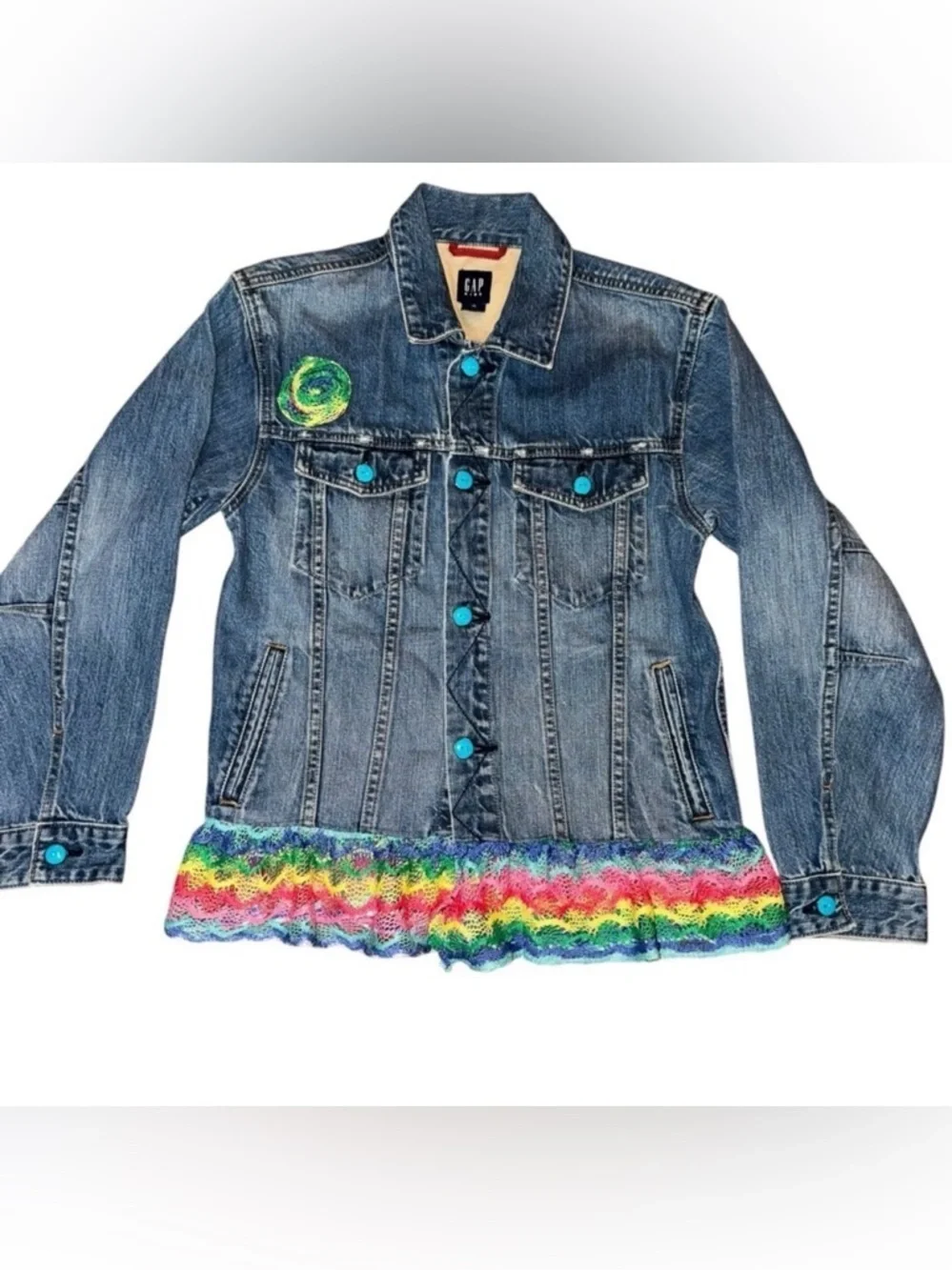 GAP Kids Denim Jacket with Rainbow Trim Girls Size XL Blue Denim Custom Made